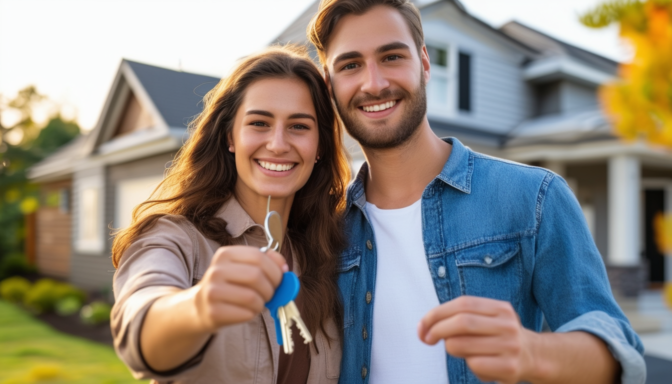 Happy young couple standing in front of their newl